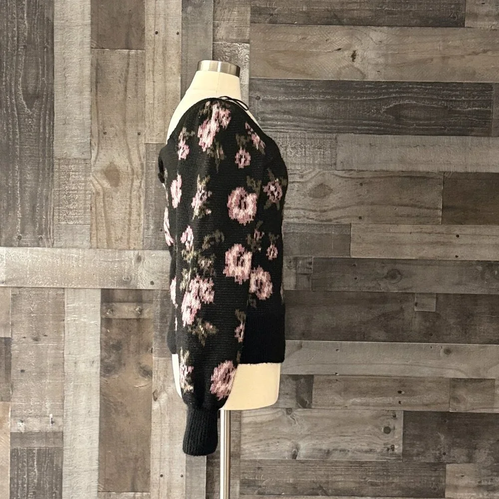 Anthropologie black bishop sleeve sweater medium rose floral dark feminine